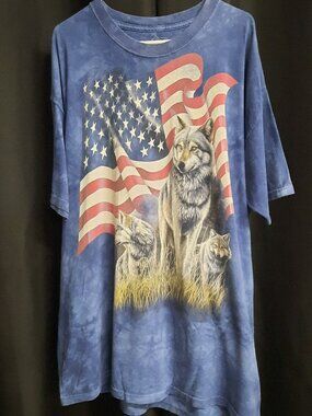 The Mountain Wolf T Shirt 2XL Vtg 2001 American Flag Antonia Neshev Blue Tie Dye